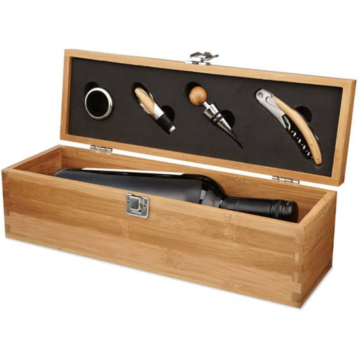 A drink bottle with a wooden box, containing a corkscrew, wine pourer, and stopper, all in a black interior.