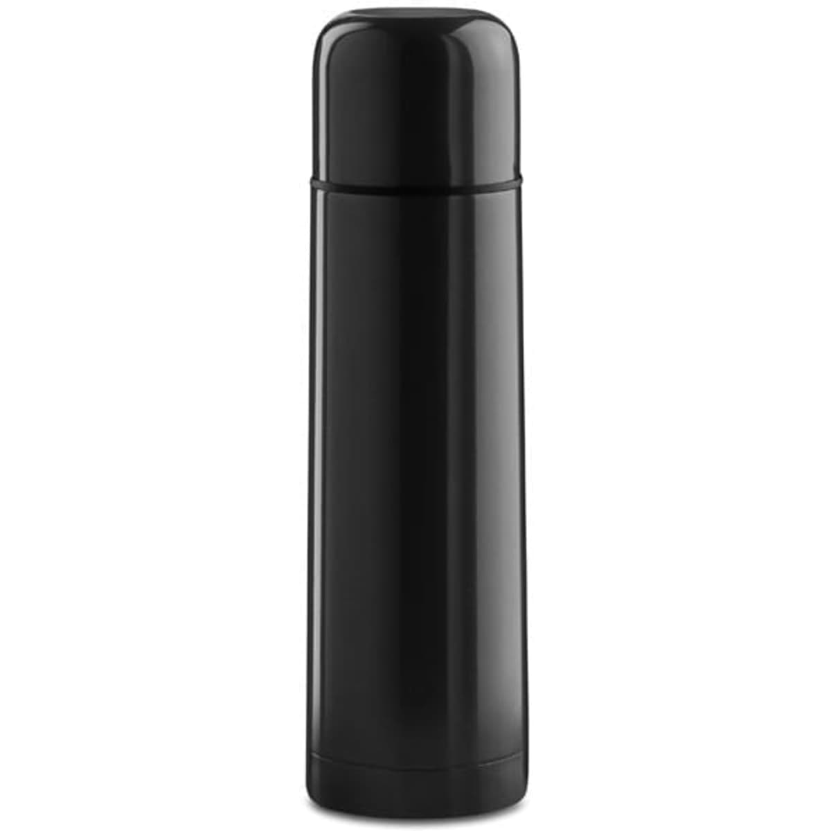 A drink bottle in sleek black with a smooth, rounded top and a durable body. Features a logo on the surface.