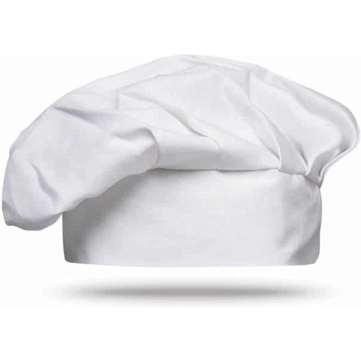 A chef's hat in white, featuring a classic puffy design. The hat has a rounded top and is made of fabric.