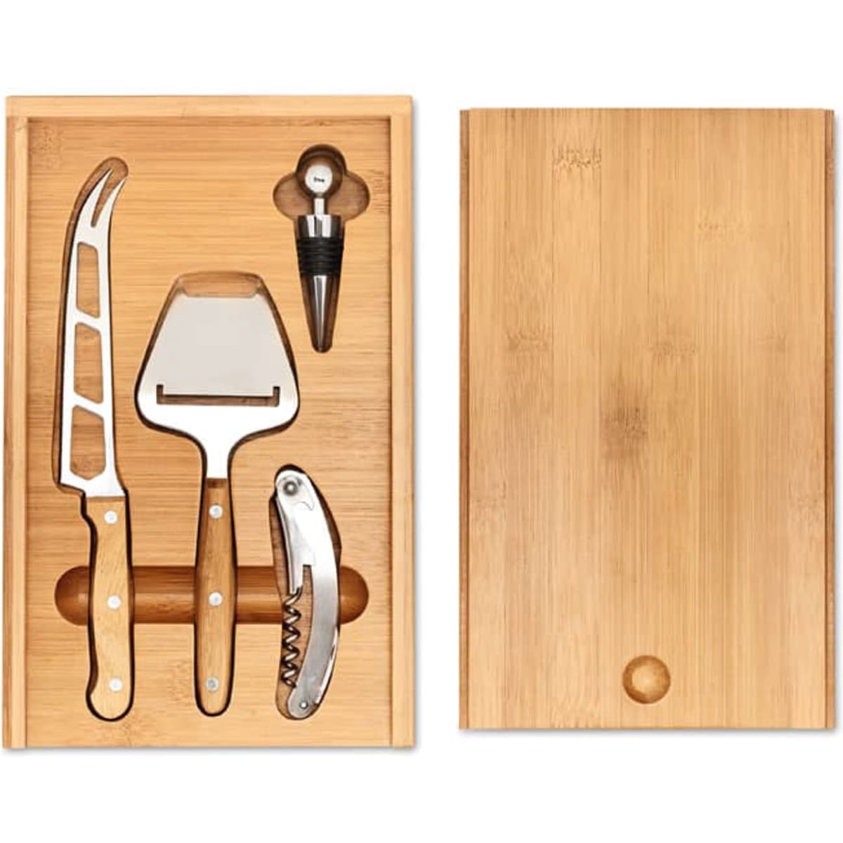 A bamboo gift box containing cheese tools: a knife, slicer, corkscrew, and pourer. It has a natural wood finish.