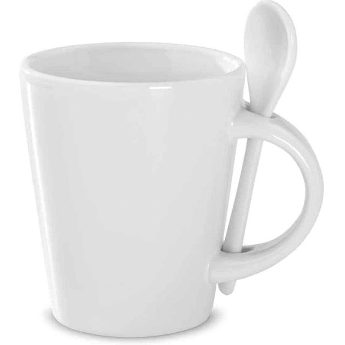A white ceramic mug with a spoon attached to the handle. The design is sleek and modern.