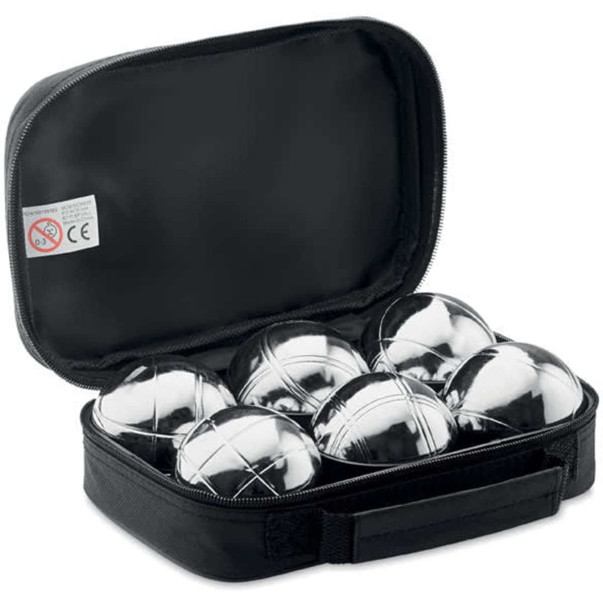 A carry case containing seven shiny silver petanque balls, with a black zippered exterior.