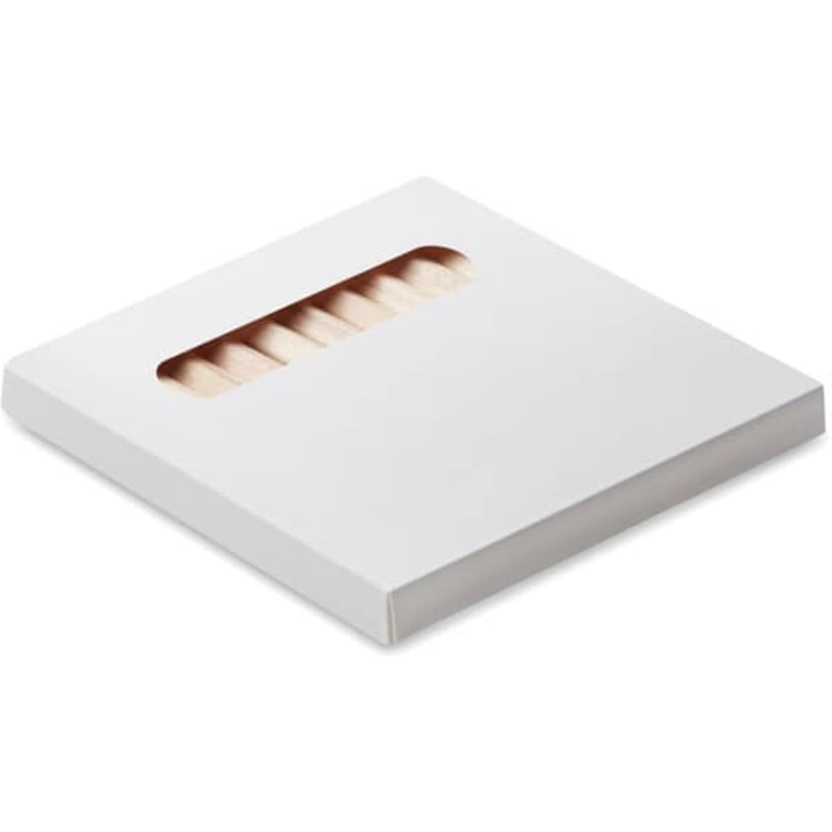 A white packaging box with a cut-out window displaying wooden sticks inside. The box appears simple and minimalistic.
