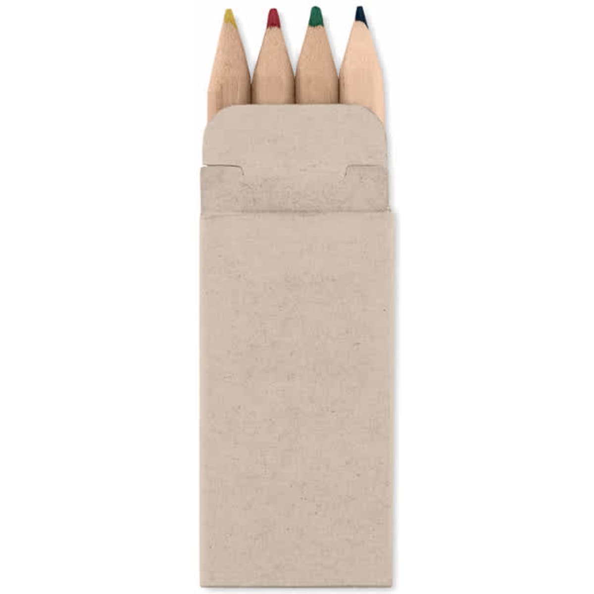 A set of four coloured pencils in a natural cardboard envelope, showcasing red, green, blue, and yellow tips.
