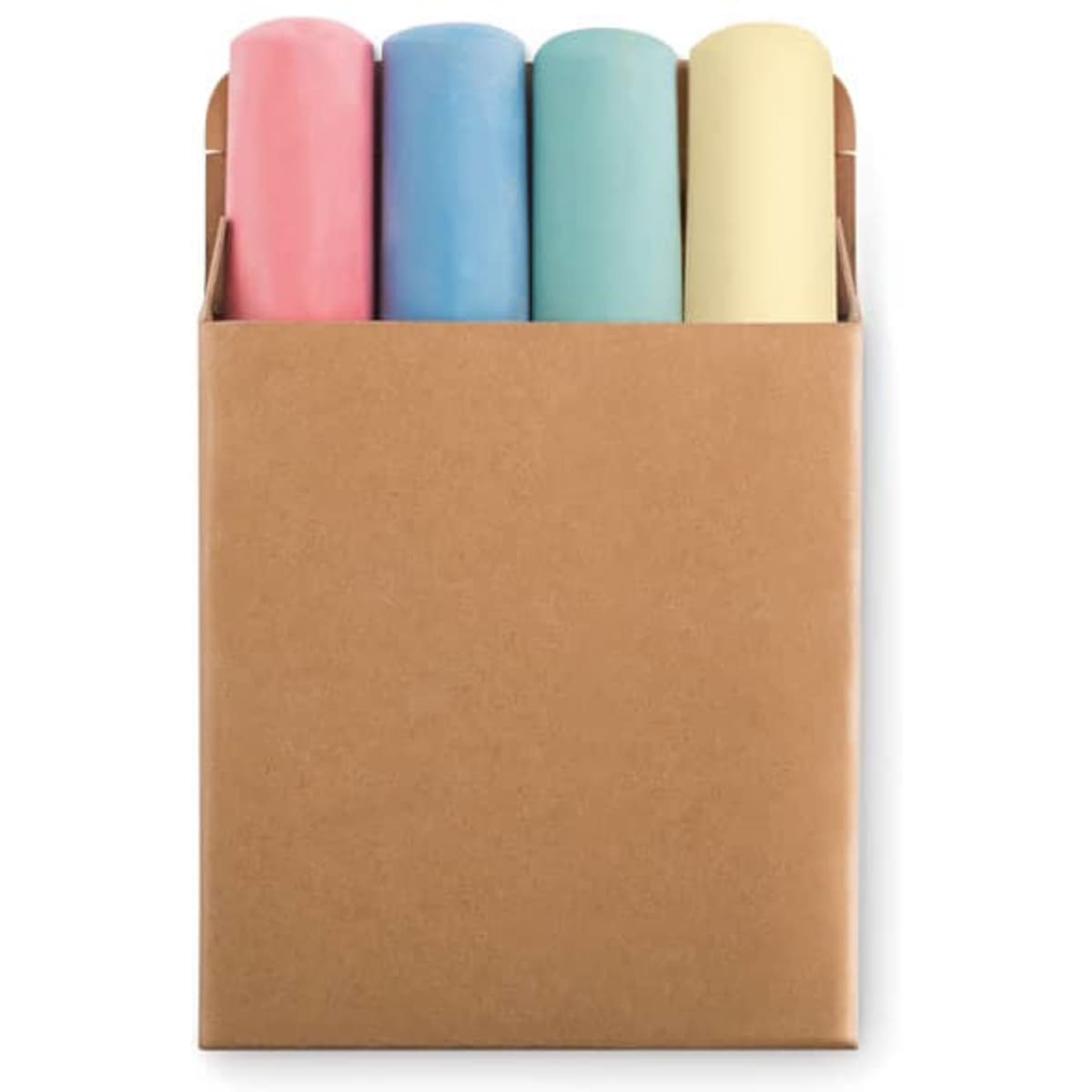 A set of four rolls of pastel-coloured wrapping paper in a brown cardboard box.
