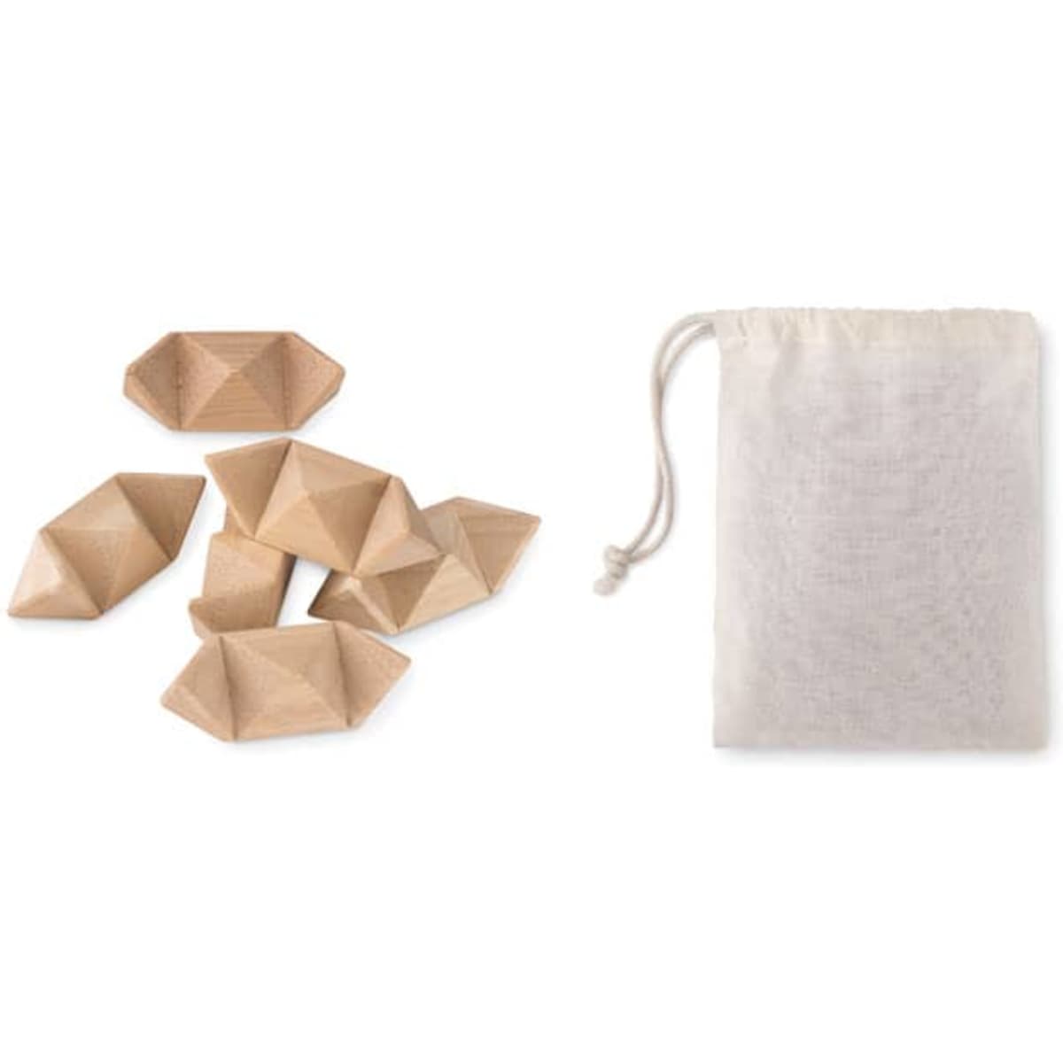 A set of wooden geometric shapes in a natural finish beside a small drawstring pouch.