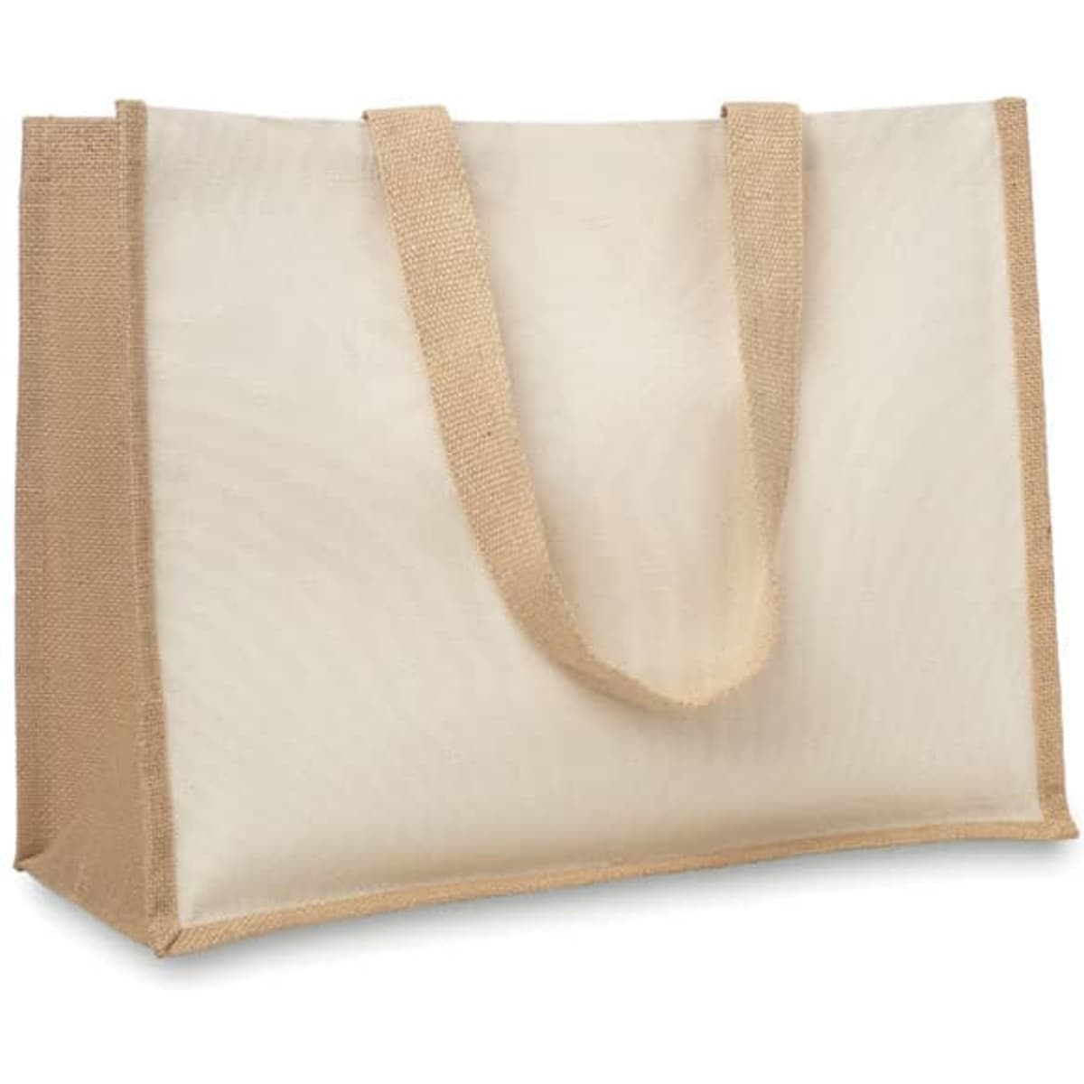 A jute shopping bag with a cream fabric body and brown handles, featuring a simple design.