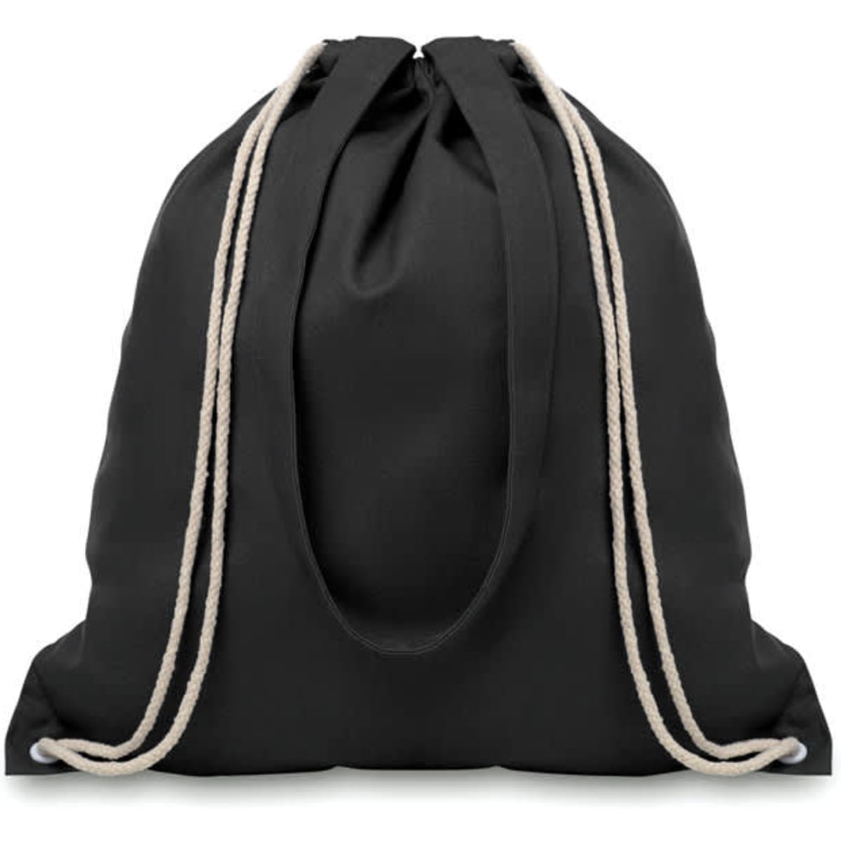 A black drawstring bag with beige cords, featuring a simple design and spacious main compartment.