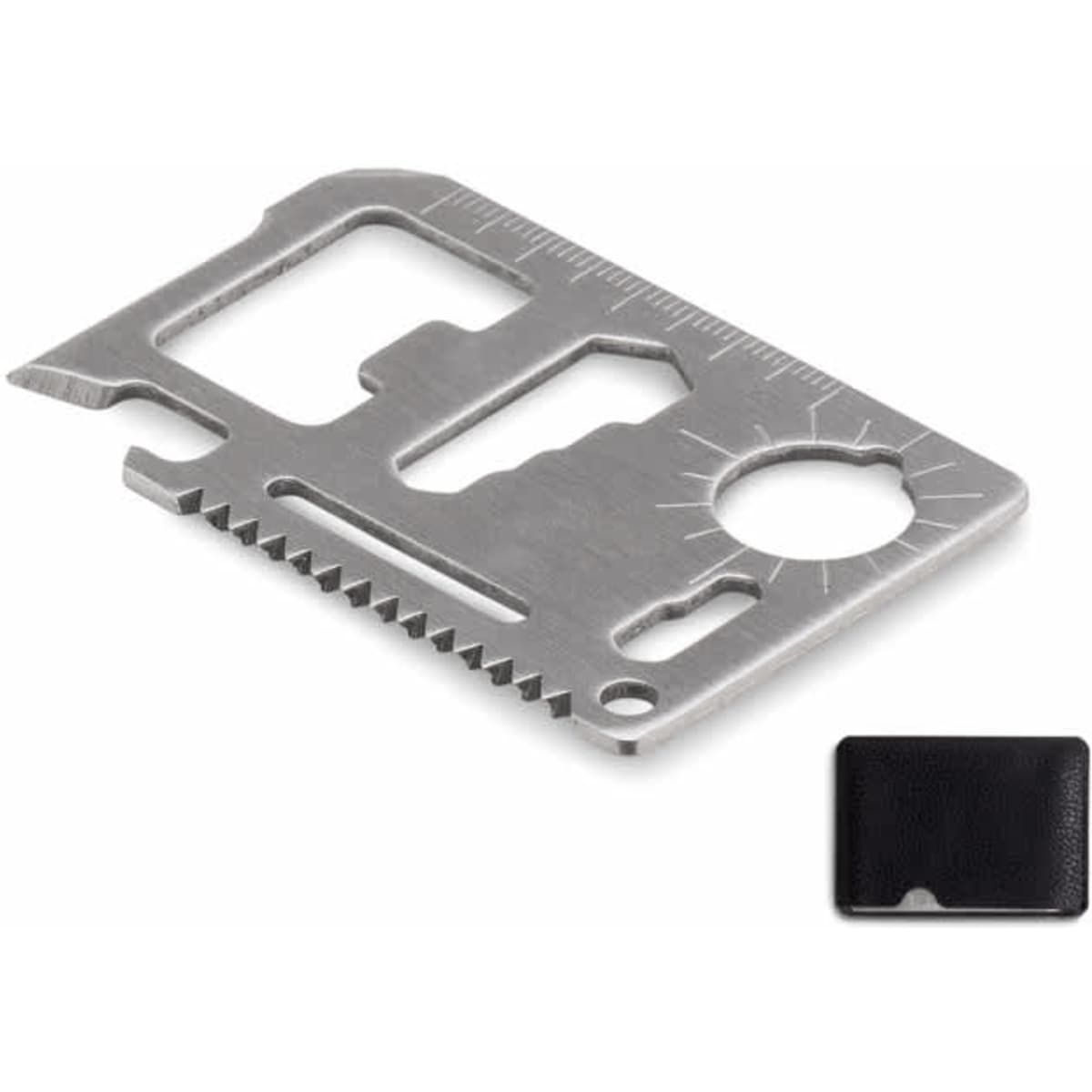 A stainless steel multi-tool designed in a card shape, featuring various functionalities and measurements.