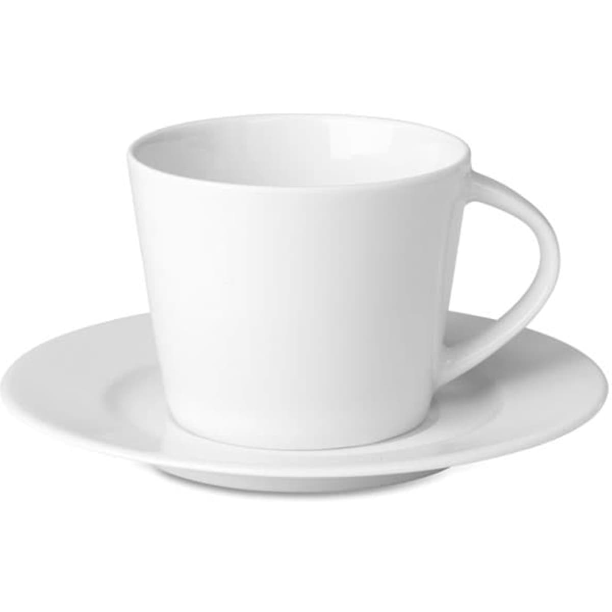 A white coffee cup with a saucer, featuring a simple design and a curved handle.