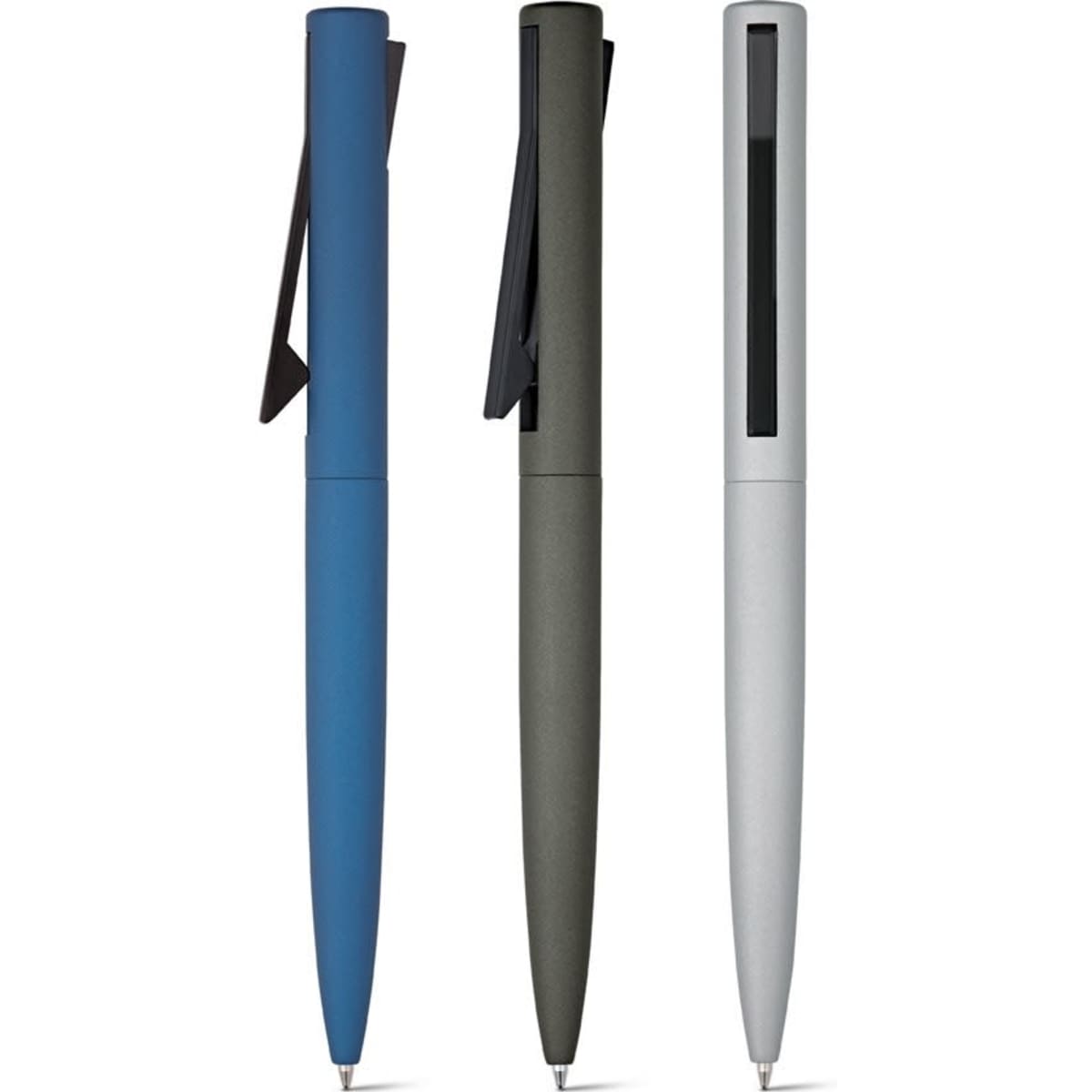 A ball pen set featuring three colours: blue, olive green, and silver, with clips and a branding logo.