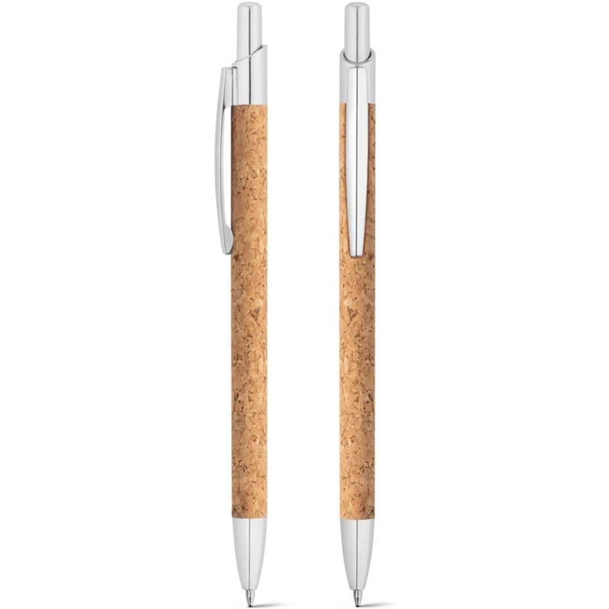 A ballpoint pen made from cork and recycled aluminium, featuring a silver clip and accents.