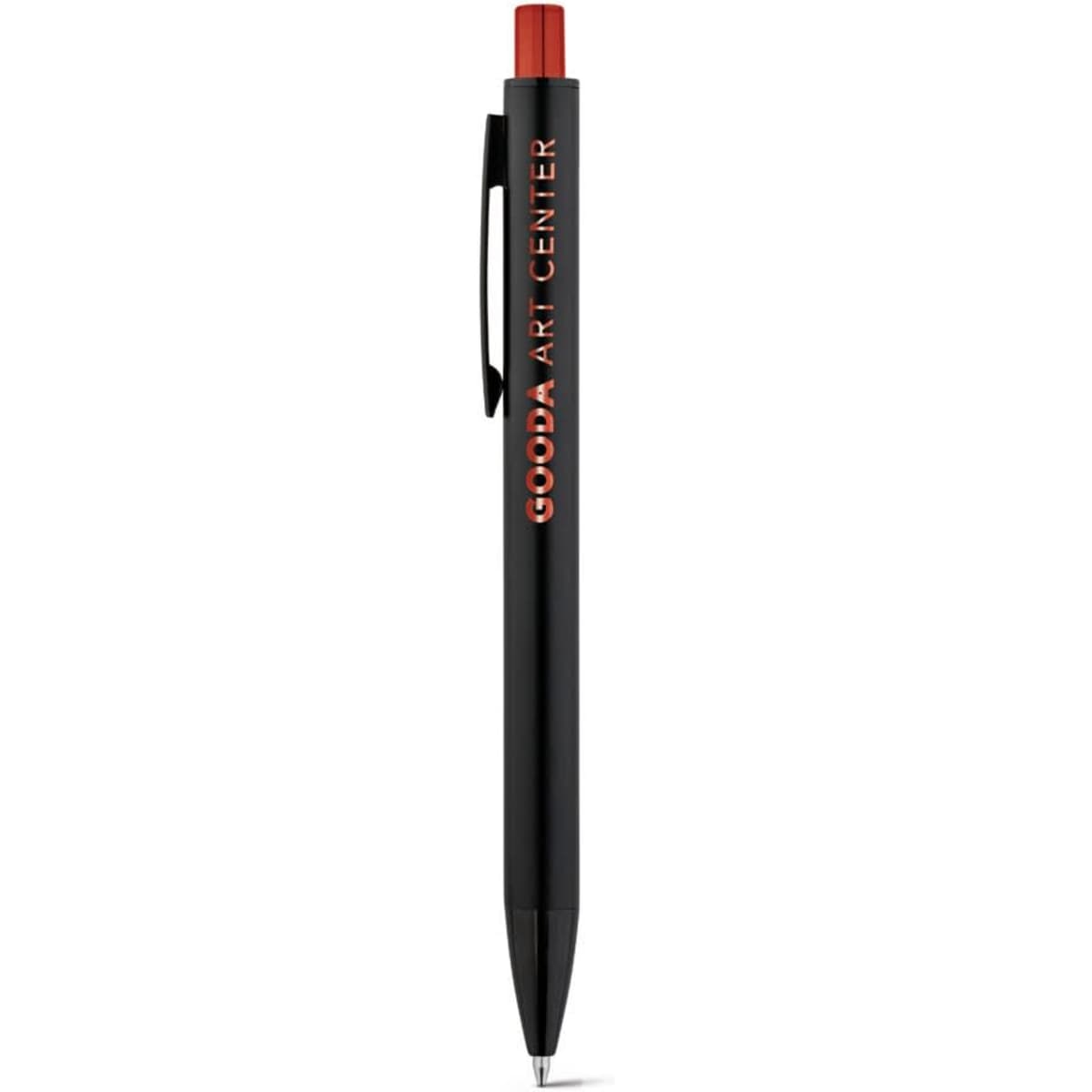 A black aluminium ball pen with a matte finish and a red top, featuring a logo on the body.
