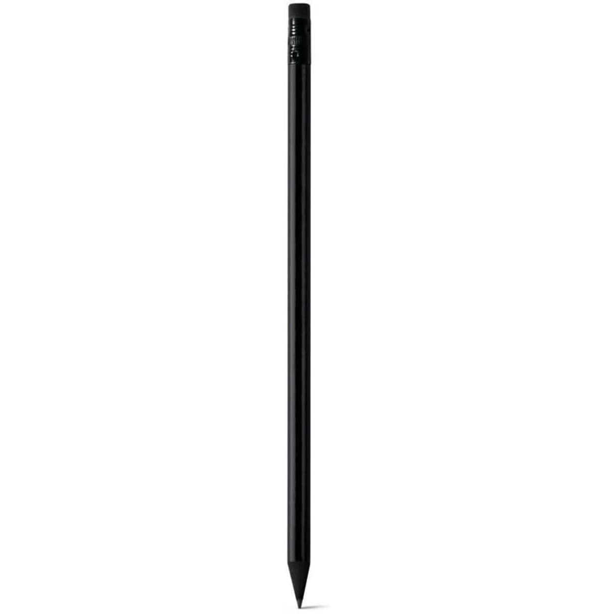 A black HB pencil with a wooden finish and a built-in eraser at the top, featuring a logo.