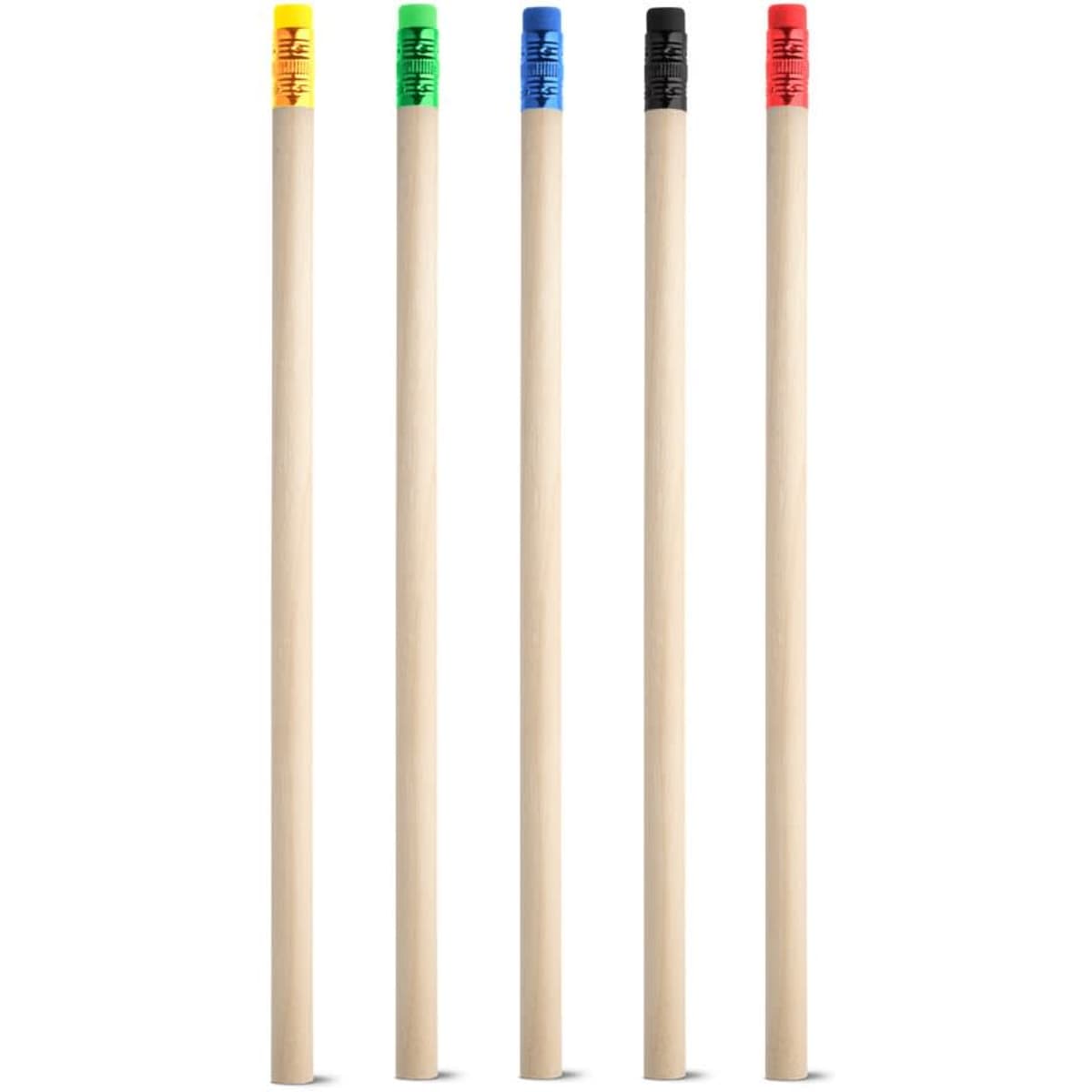 A set of five HB pencils with yellow, green, blue, black, and red erasers on top, featuring a natural wood finish.