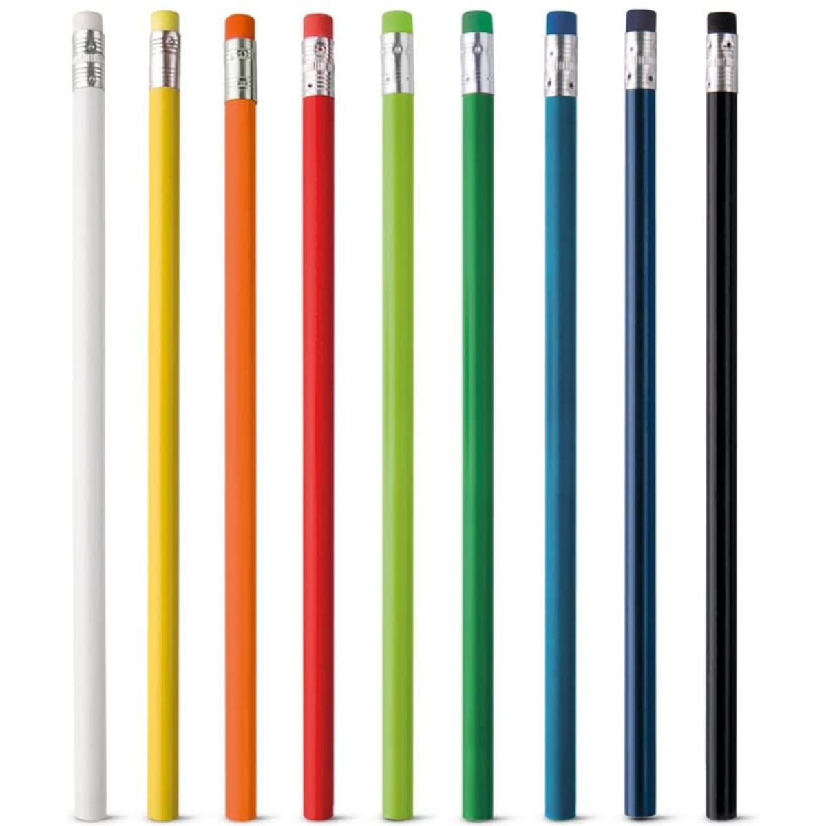 A set of ten HB graphite pencils in vibrant colours, each with a metal eraser and silver ferrule.