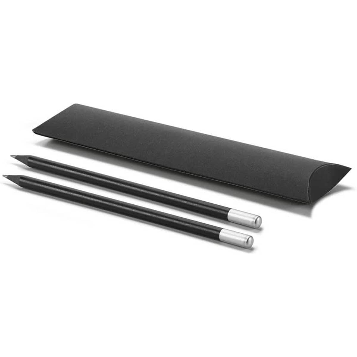 A set with two sharpened black pencils and a sleek black packaging. It features a minimalist design.