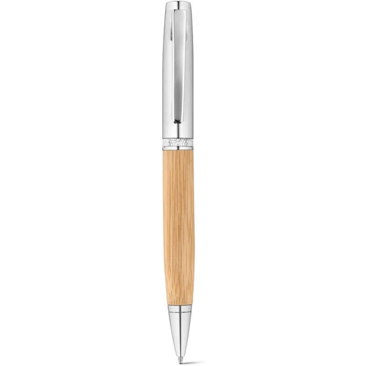 A bamboo and metal ballpoint pen with a shiny silver clip and trim, presented in a case.