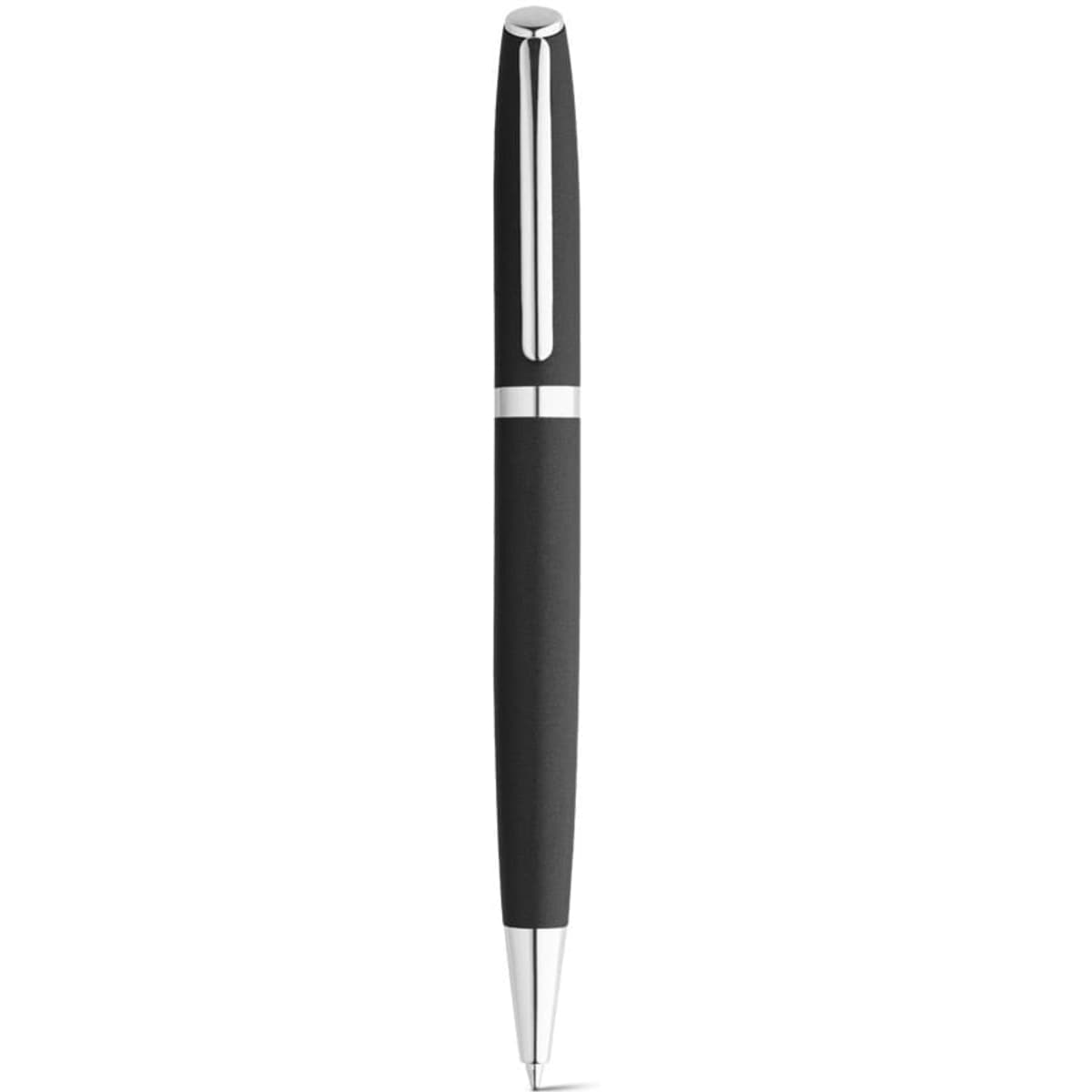 A black roller and ball pen set with a recycled aluminium body featuring a stylish design and a logo.
