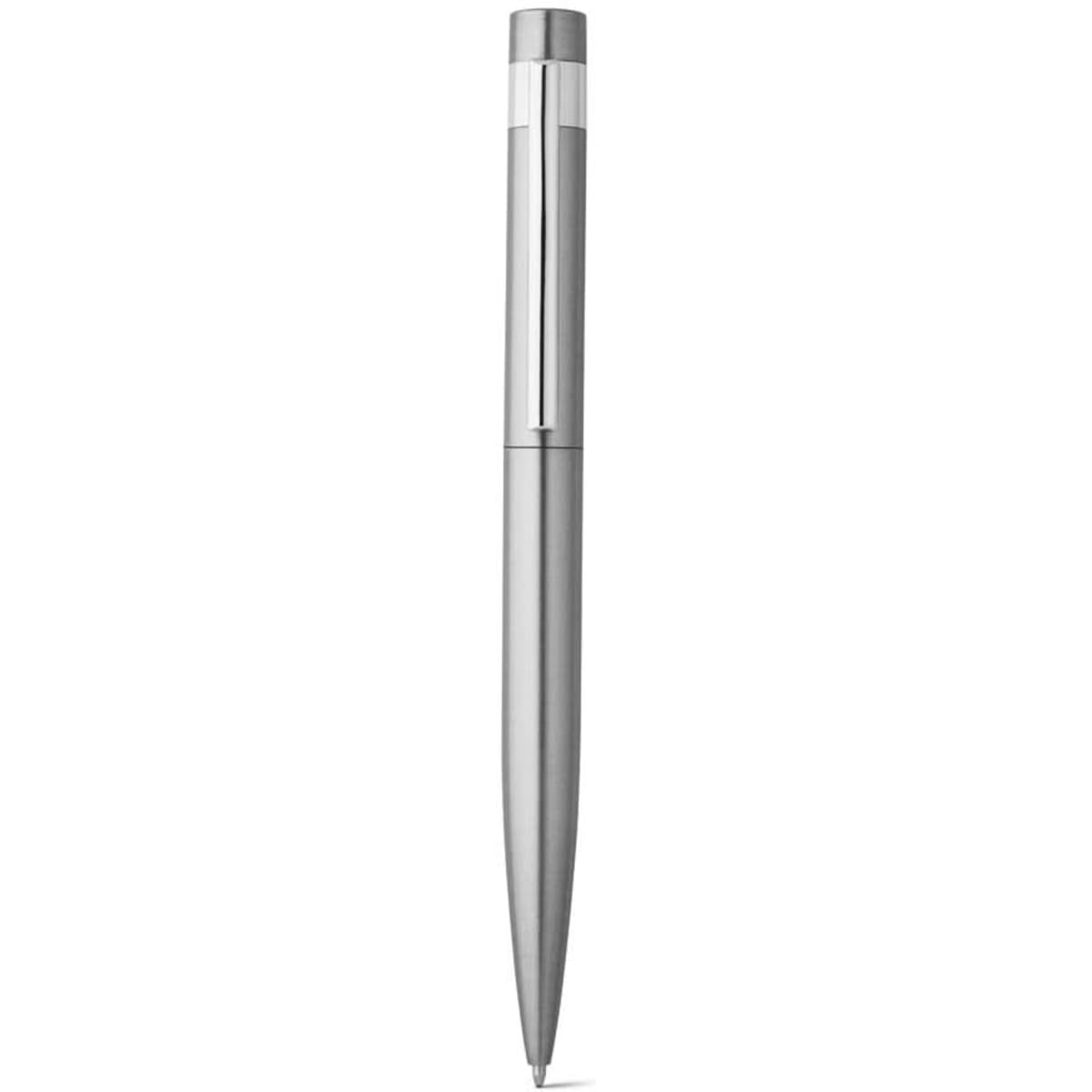 A metal ballpoint pen with a stainless steel body and clip, featuring a sleek silver finish.