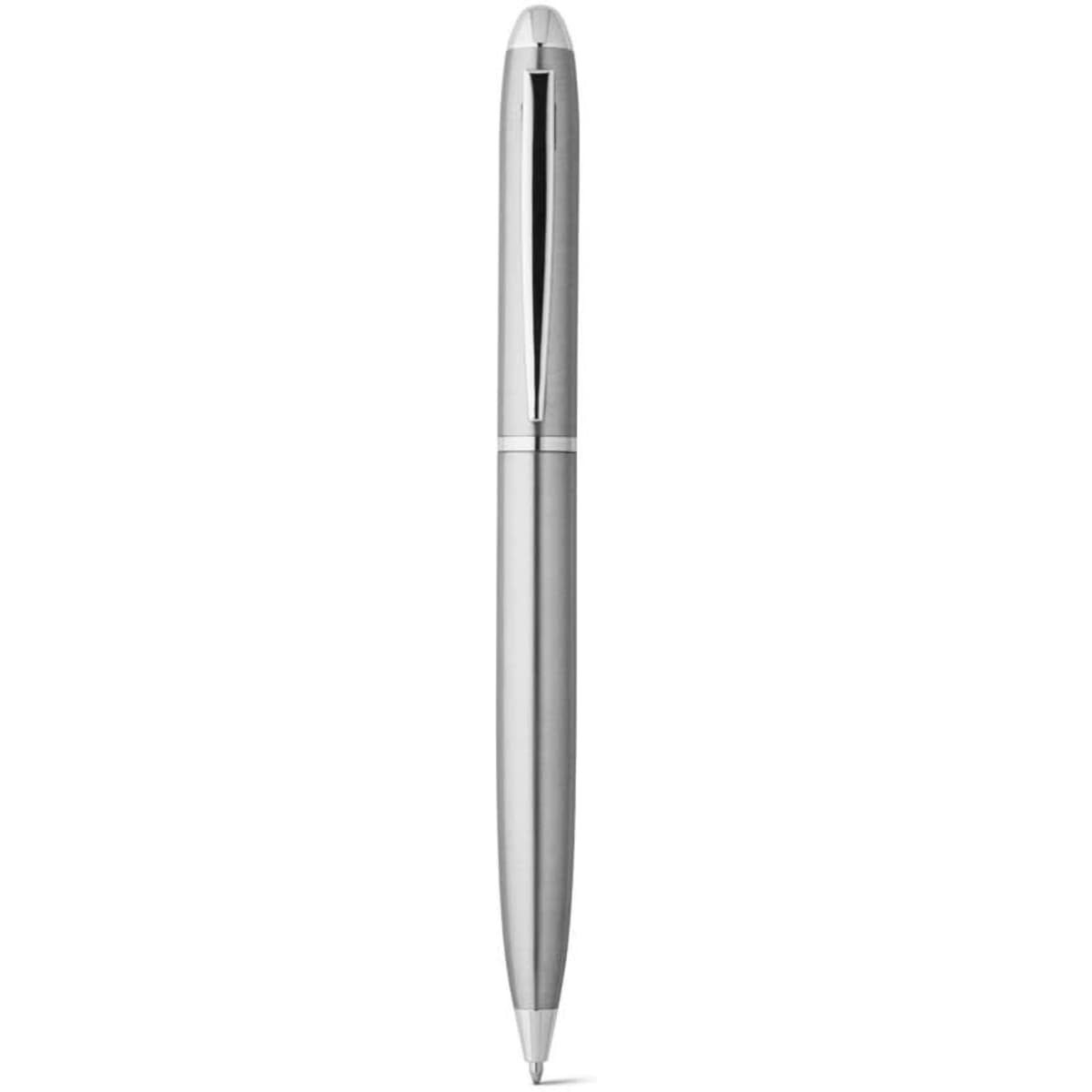 A ballpoint pen with a stainless steel body and clip, featuring a sleek silver design.