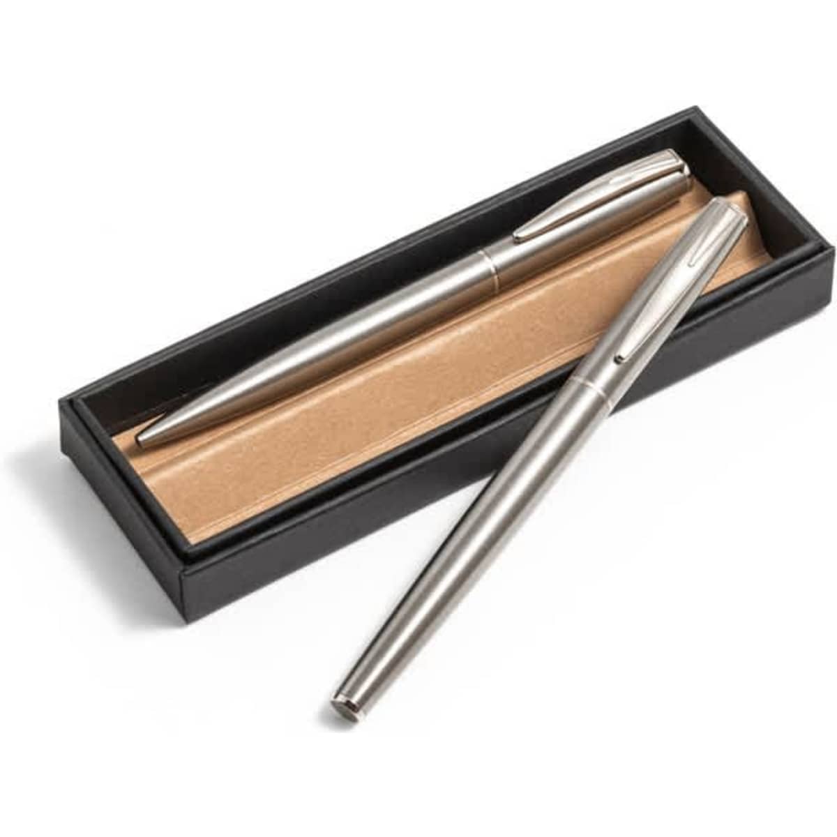 A stainless steel roller and ballpoint pen set in a black box, featuring a simple design and a clip.