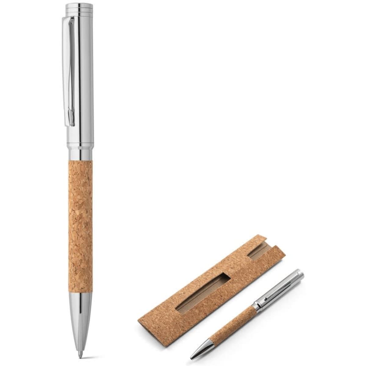 A cork and metal ballpoint pen with a twist mechanism, featuring a cork grip and a shiny silver clip.