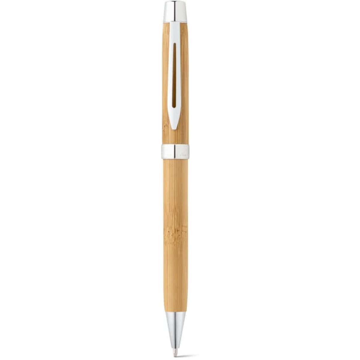 A bamboo ballpoint pen with a silver clip and twist mechanism, featuring a sleek design and natural wood finish.