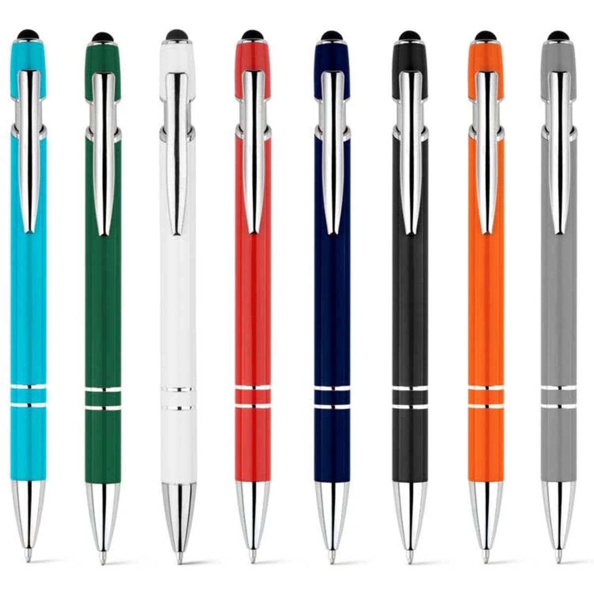 A collection of ballpoint pens in various colours: turquoise, green, white, red, navy, black, orange, and grey. Each has a touch tip and silver accents.