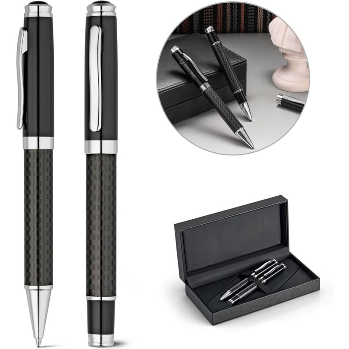 A black metal and carbon fibre pen set with a twist mechanism, presented in a sleek black gift box.