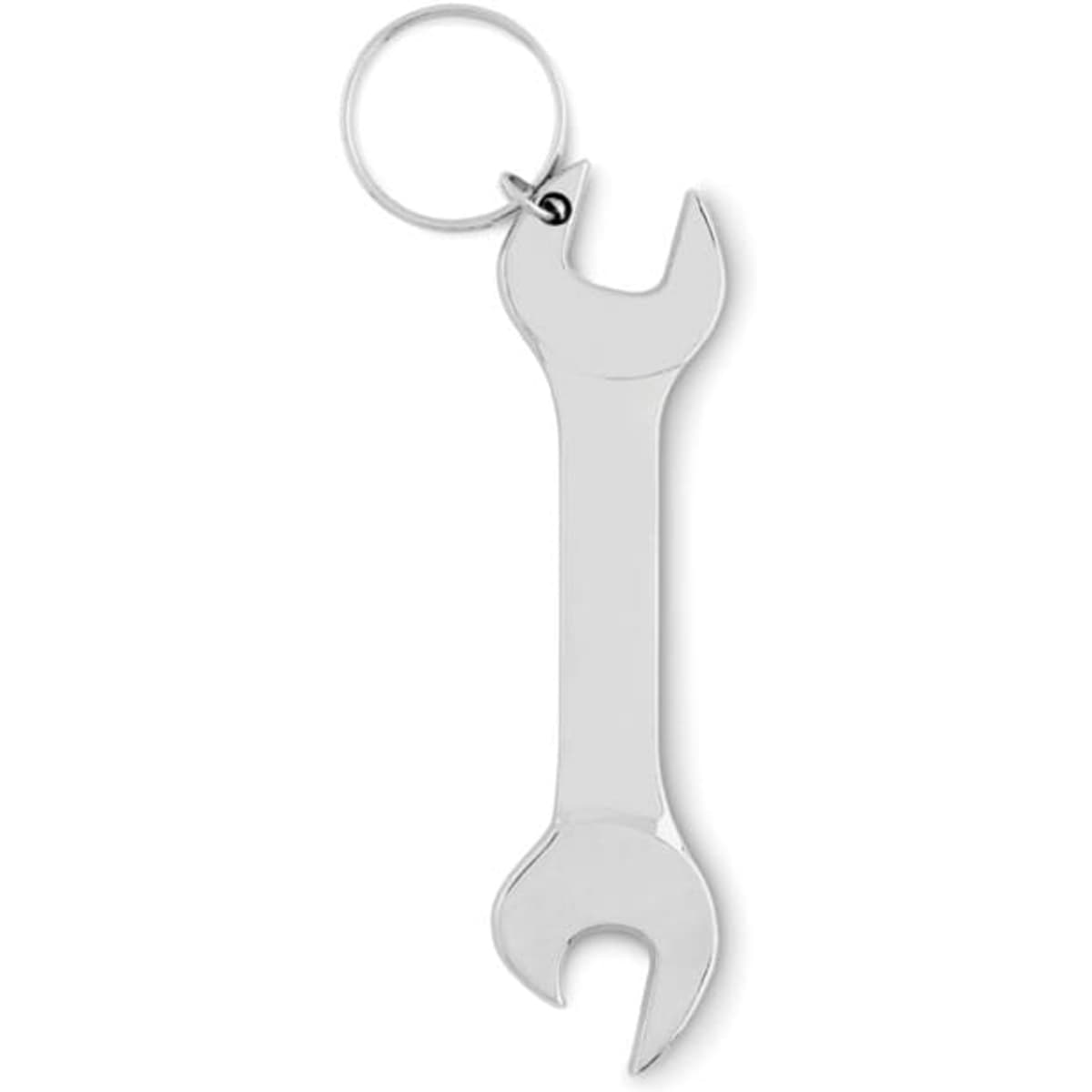 A metallic silver keychain shaped like a wrench, featuring a loop for attaching keys.