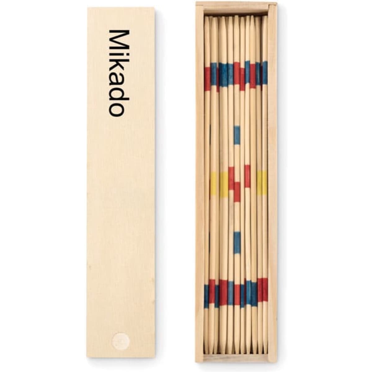 A wooden box containing colourful Mikado sticks, featuring the brand name on the lid and a simple design.