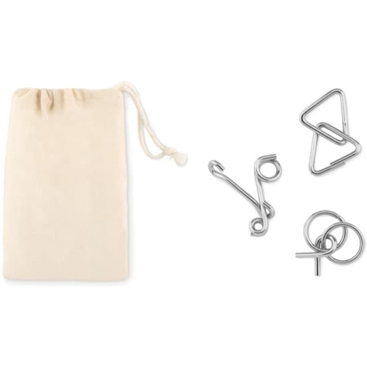 A drawstring pouch containing three metal hooks in various shapes, including a triangle and a spiral.