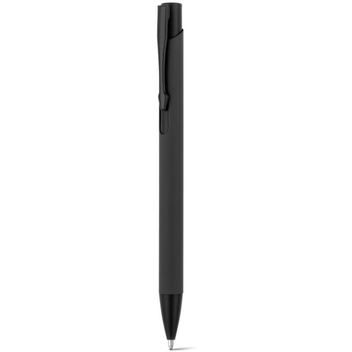 A black ballpoint pen made of recycled aluminium with a rubber finish and a clip for attaching.