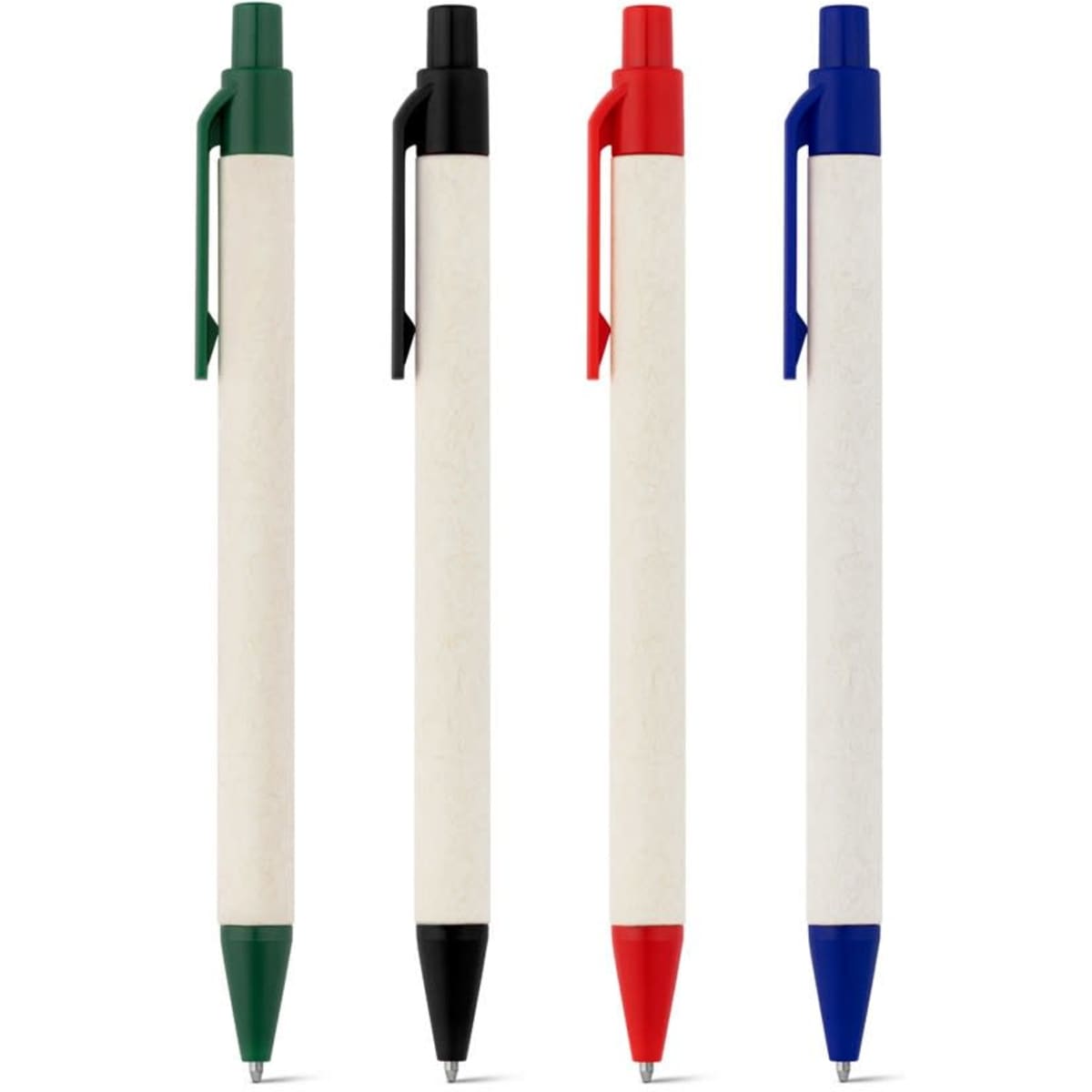 A set of four ballpoint pens in green, black, red, and blue, made from 100% recycled paper with a logo.
