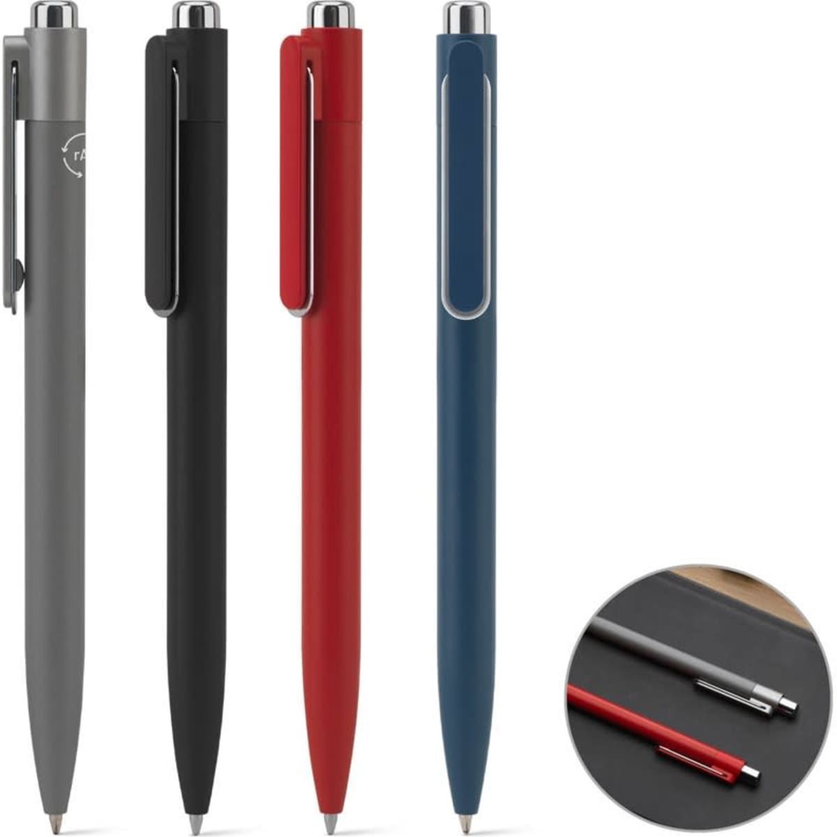 Aluminium ballpoint pens in grey, black, red, and blue, featuring an innovative clip and a logo symbol.