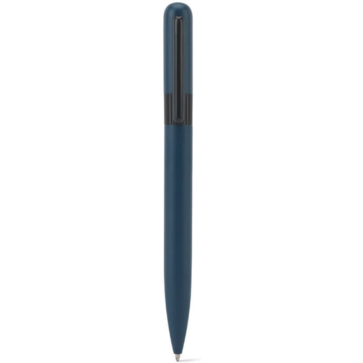 A metal ballpoint pen in navy blue with a rounded design and a black clip. Features a logo on the barrel.