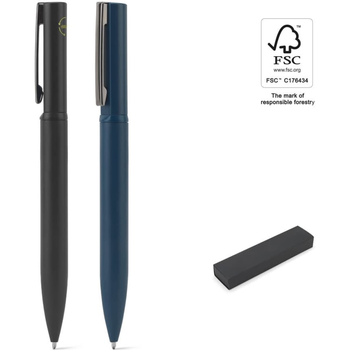 A set of two elegant metal ballpoint pens, one in black and one in navy blue, with a sleek box.