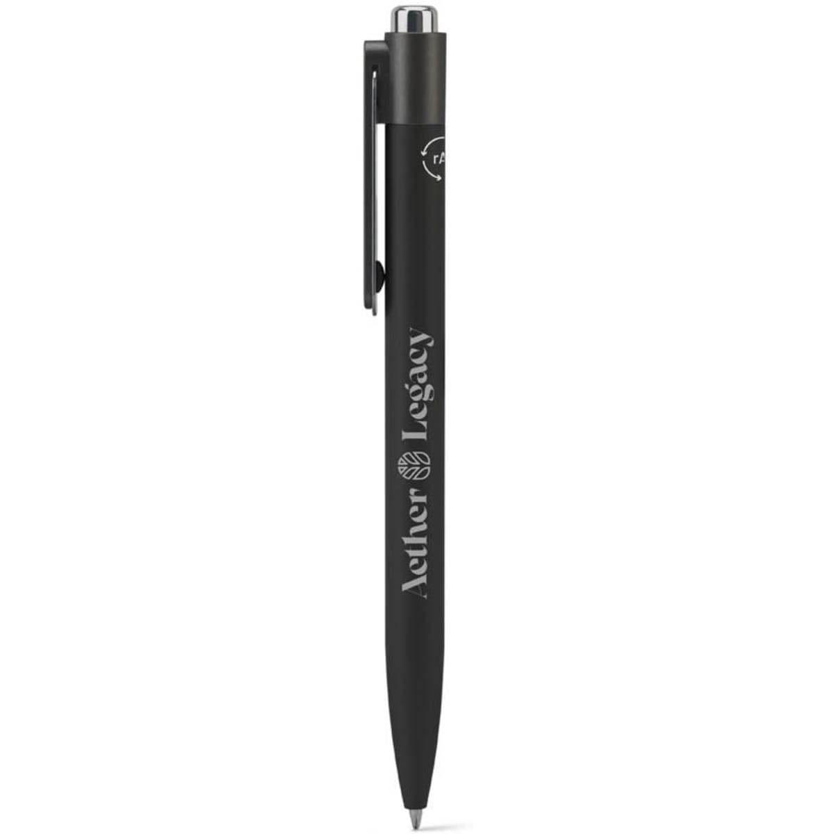 A black aluminium ballpoint pen with a clip and a logo. The design is sleek and modern.