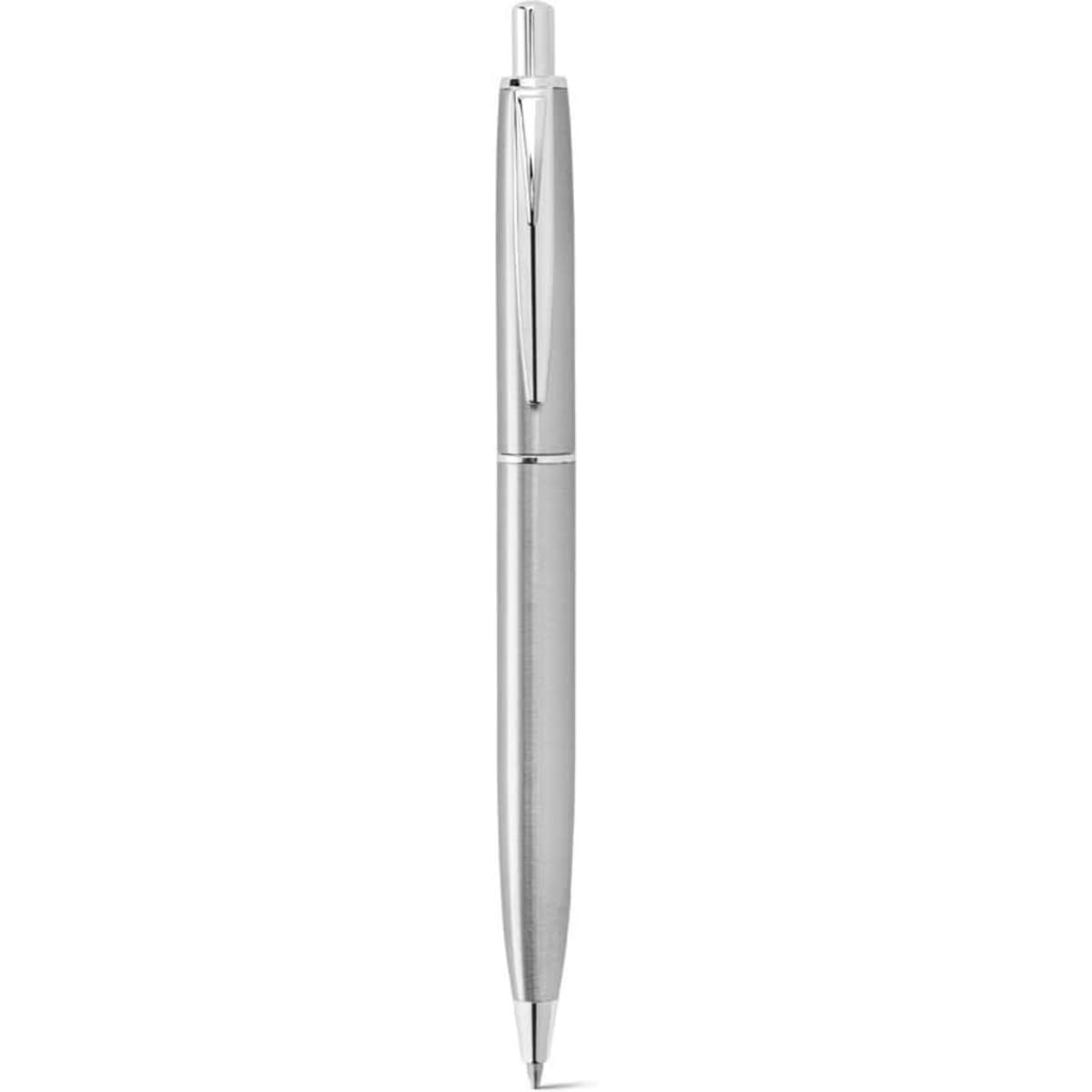 A stainless steel ballpoint pen with a shiny silver body and a clip at the top, featuring a logo.