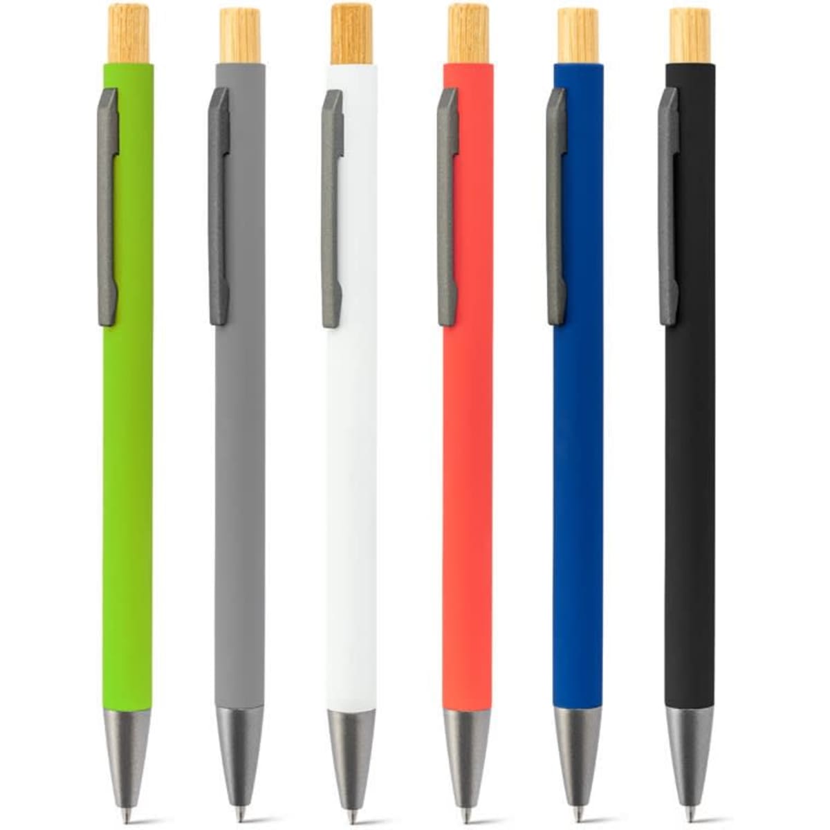 A set of six ballpoint pens in various colours: green, grey, white, red, blue, and black, with bamboo accents.