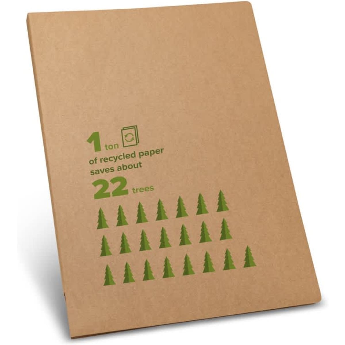 A brown A4 document folder made from 100% recycled paper, featuring a logo and eco-friendly text design.