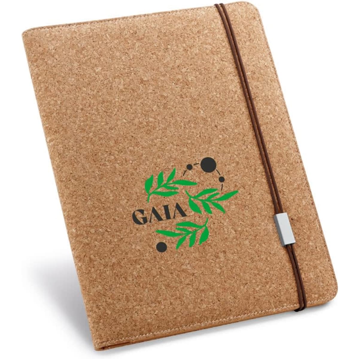 A cork folder in a natural tan colour with a logo and a brown elastic closure, featuring plain pages inside.