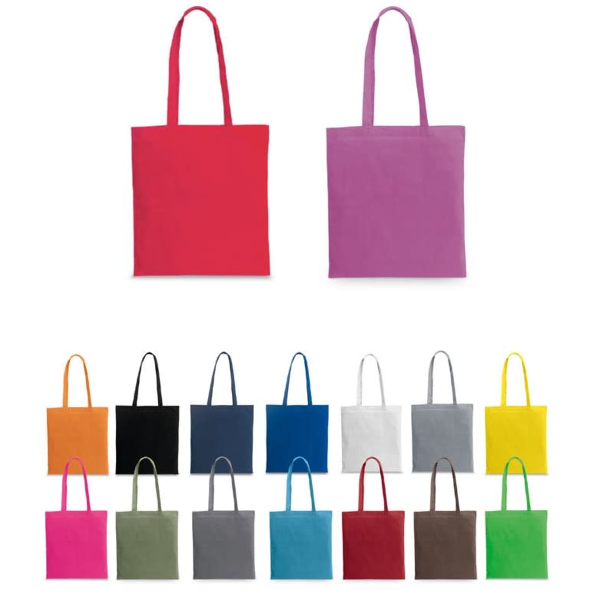 A collection of tote bags in various colours, including red and purple, featuring long handles and logos.