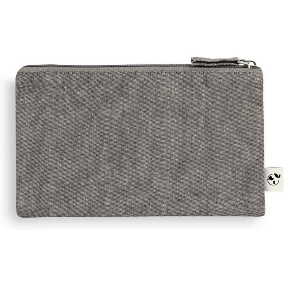 A grey multifunction bag made of recycled cotton and polyester, featuring a zipper and a small logo.