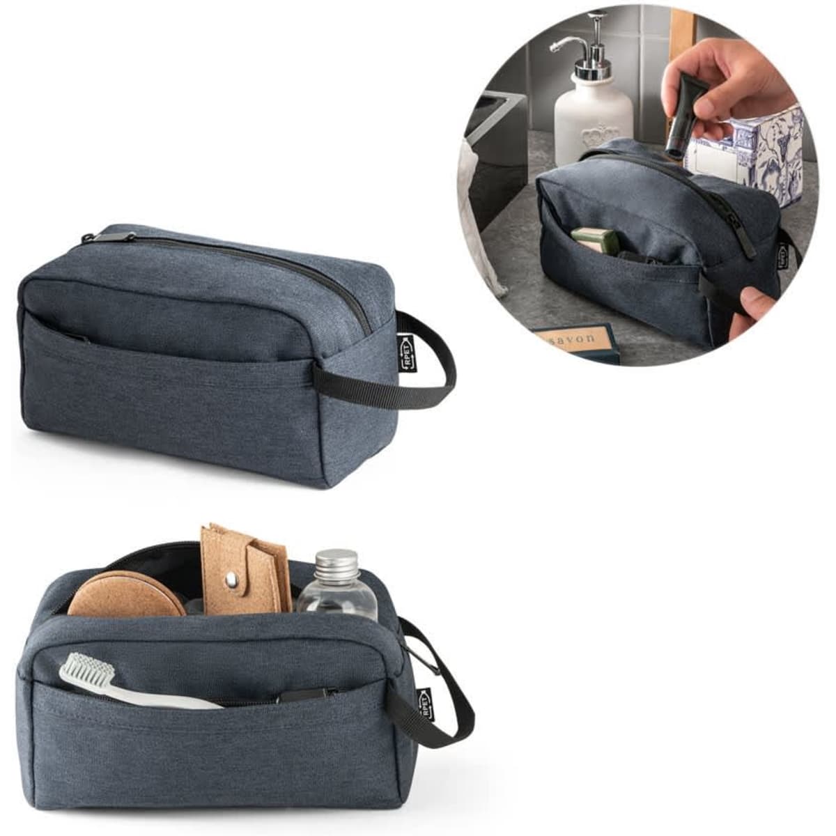 A dark grey cosmetic bag made from recycled polyester, featuring a zippered compartment and handle.