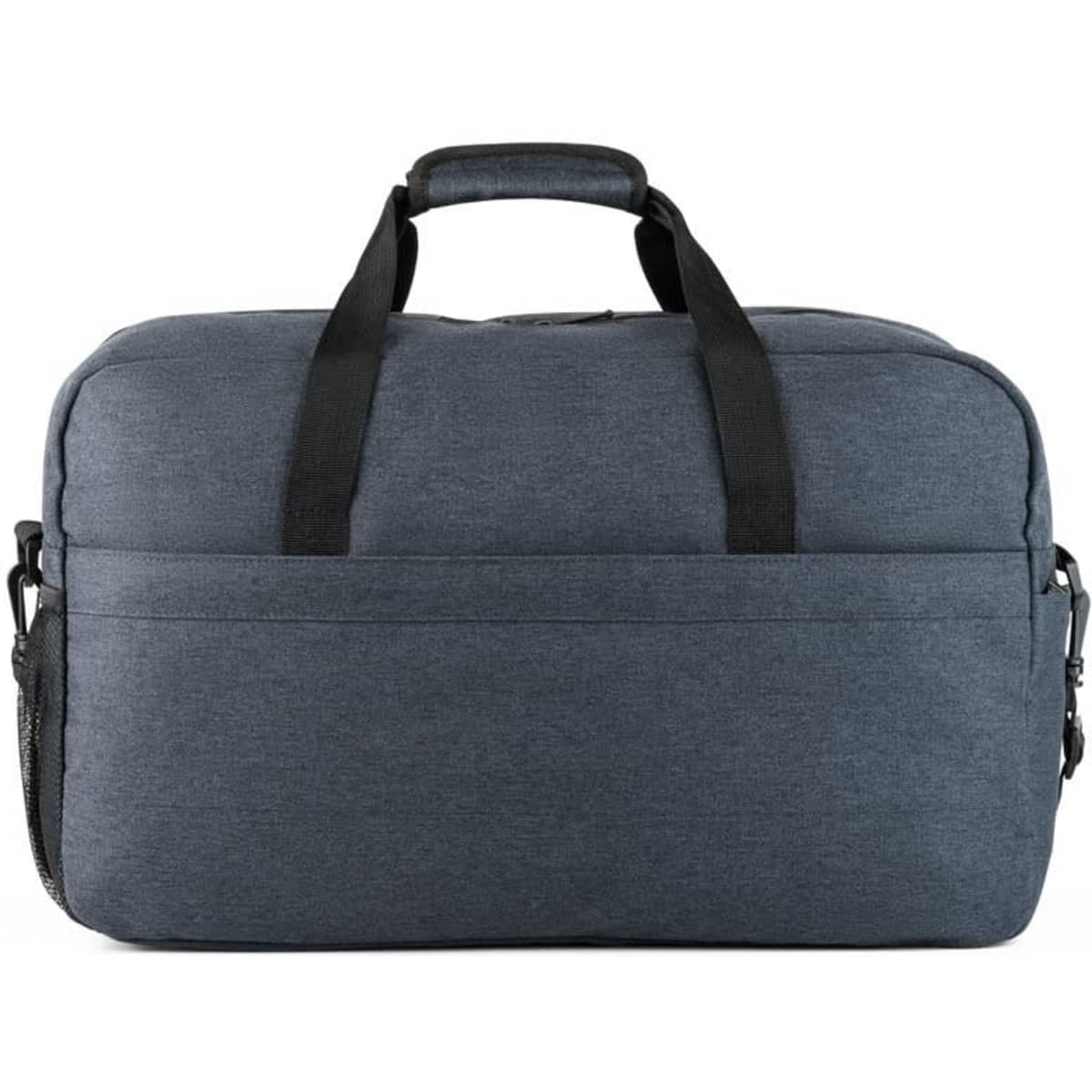 A grey 600D recycled polyester duffle bag with two handles and a shoulder strap. It has a logo on the front.