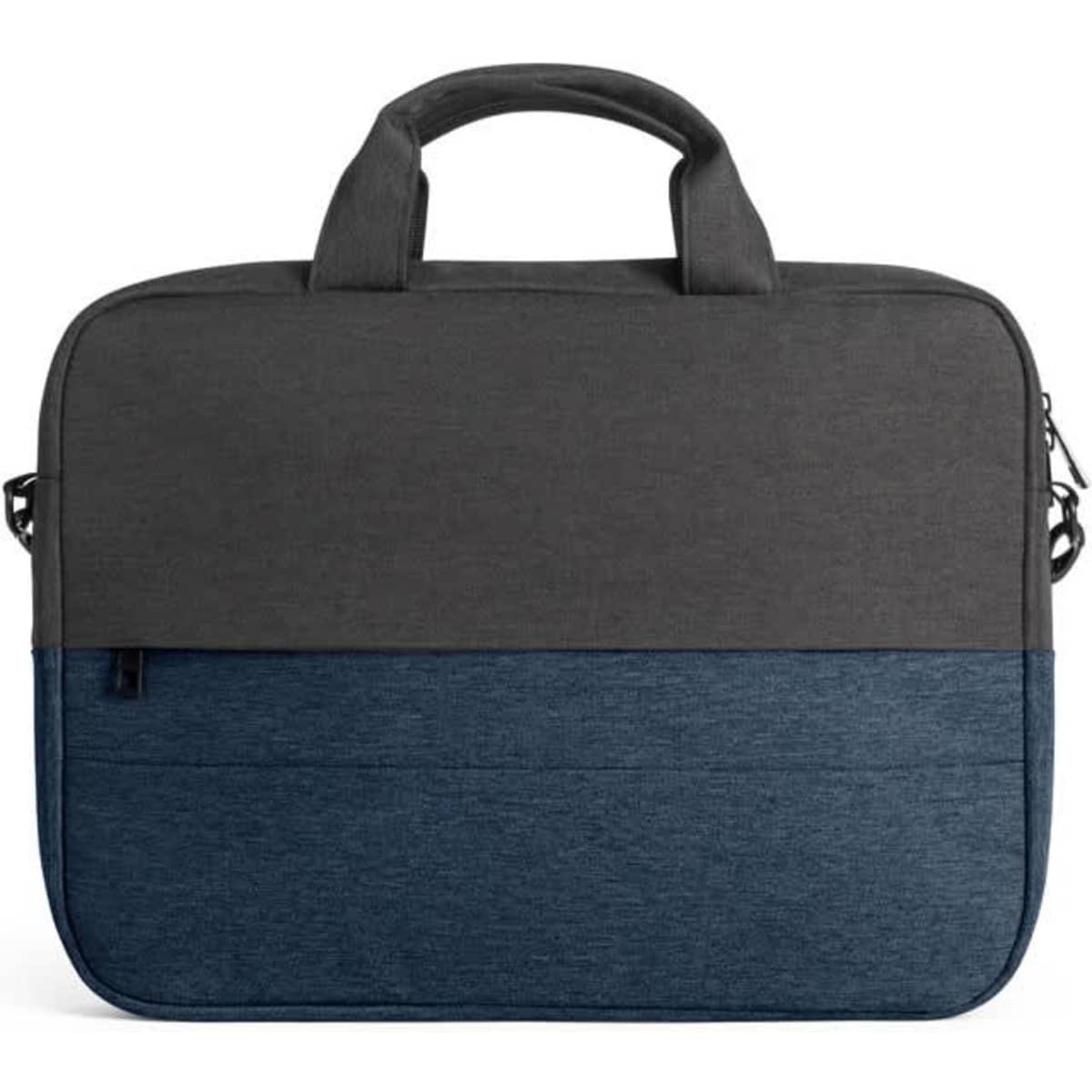A padded laptop bag in grey and navy, made from 600D high-density recycled polyester, featuring a handle and zippers.