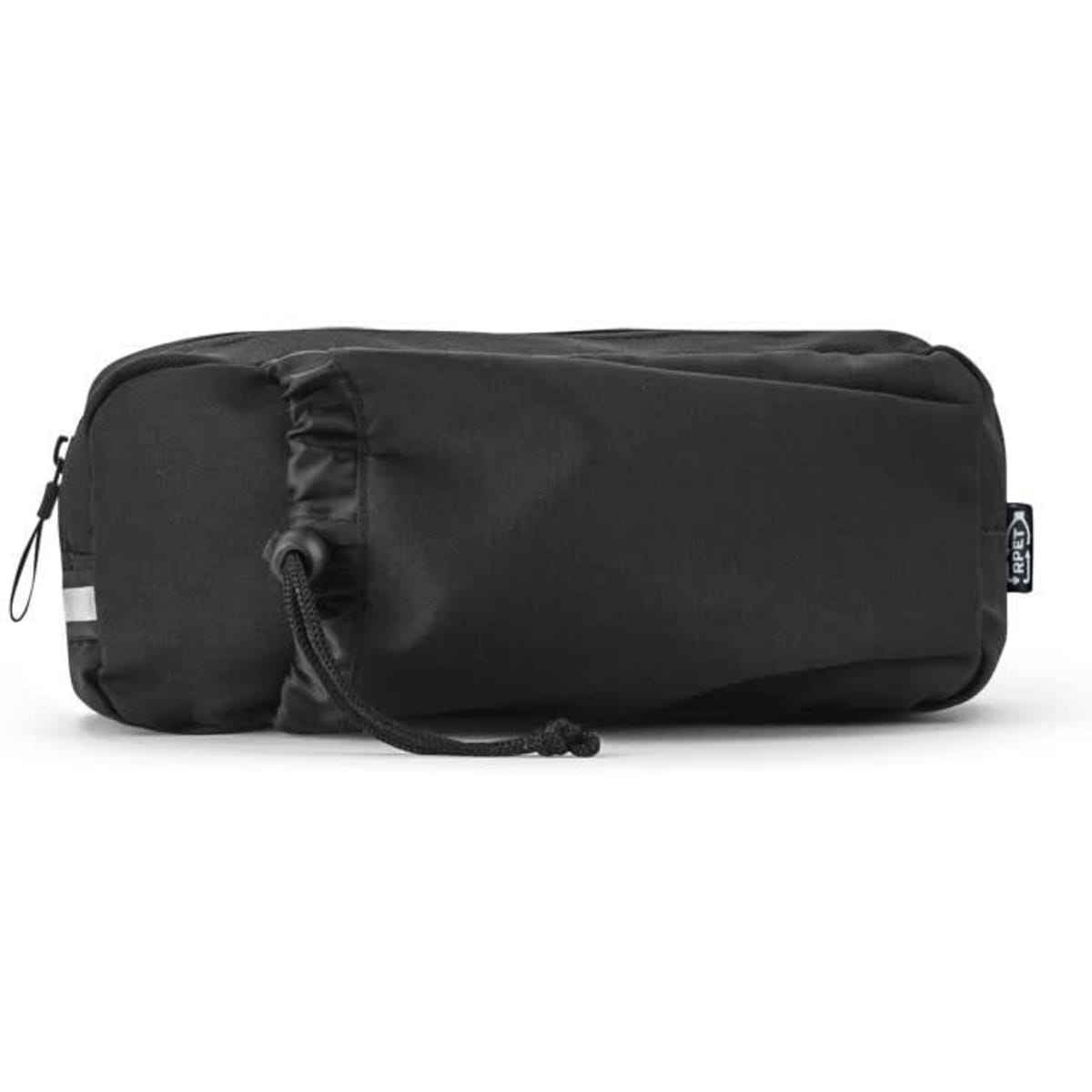 A black waist bag made of 300D and 600D recycled polyester, featuring reflective elements and a drawstring closure.