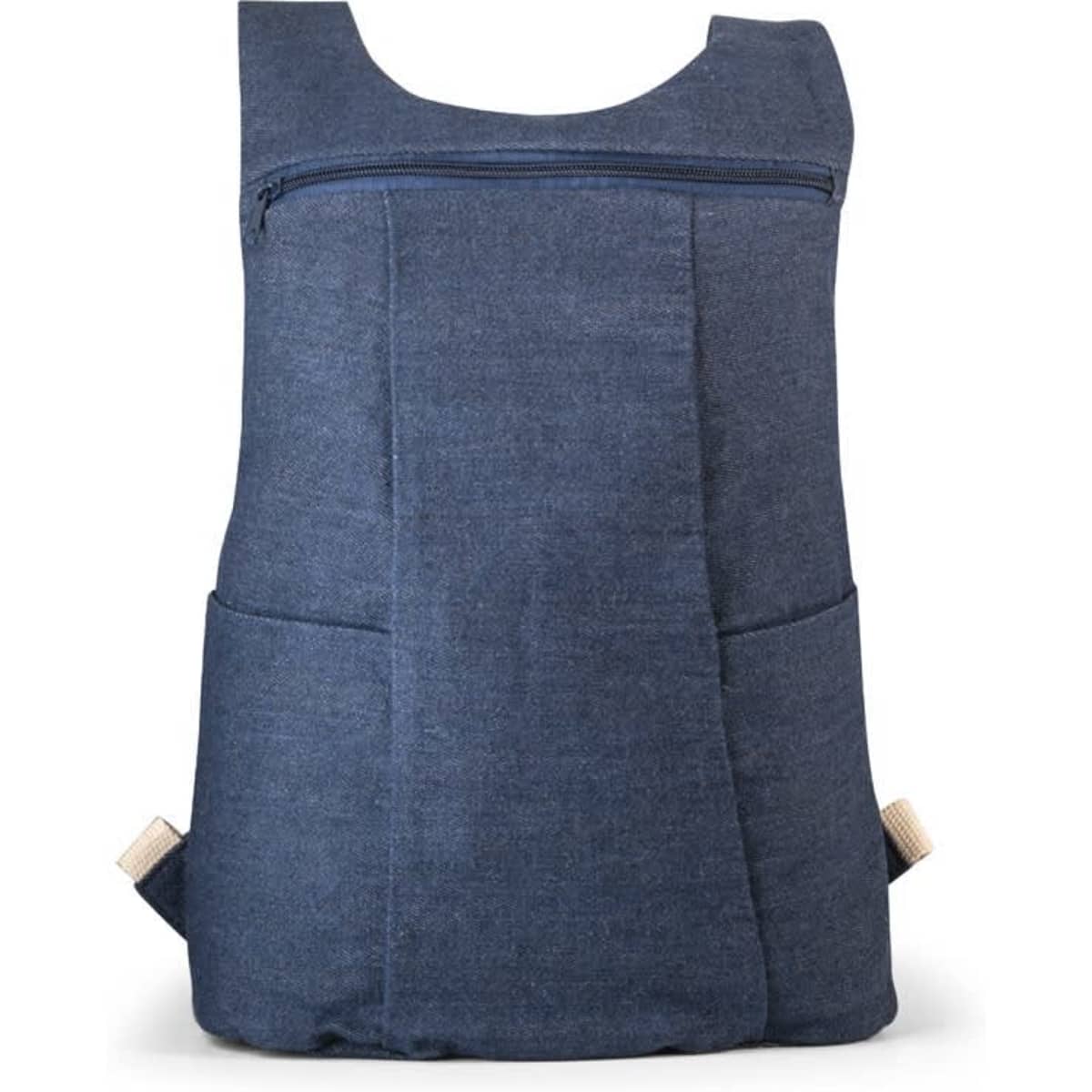 A denim backpack in a navy blue shade with a zippered pocket and side pockets. It features a logo.